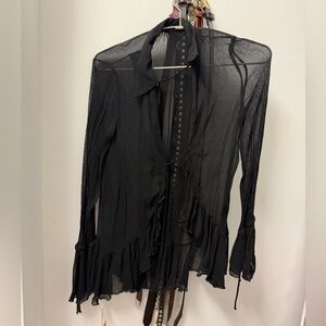 Zara Sheer Black tie front frill Blouse